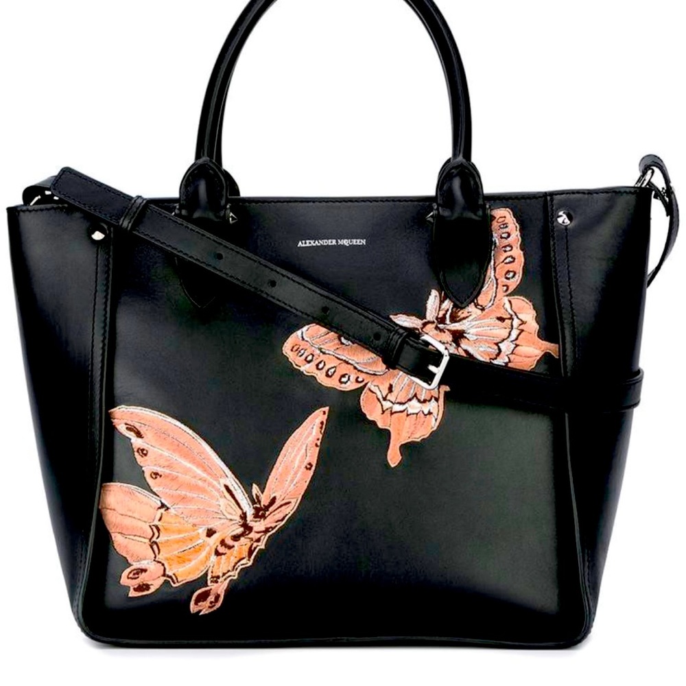 SOLD SOLD Black leather 'Inside Out' butterfly embroidered tote bag